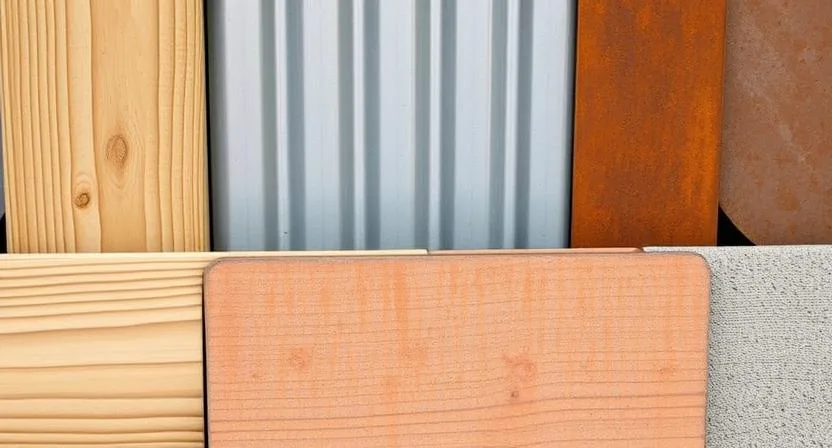  Nahaufnahme der verschiedenen Materialien für Hochbeete: natürliche Holzmaserung, gewelltes Metall, glatte Kunststoffoberfläche und raue Betonstruktur.