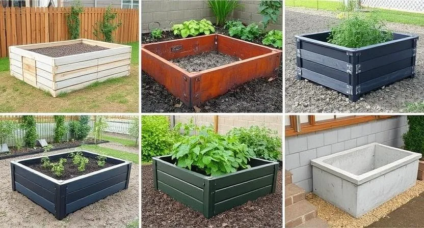 Eine Collage mit verschiedenen Arten von Hochbeeten aus unterschiedlichen Materialien: Holz, Metall, Corten Stahl, Stein, Kunststoff und Beton. Jedes Material sollte deutlich erkennbar sein.
