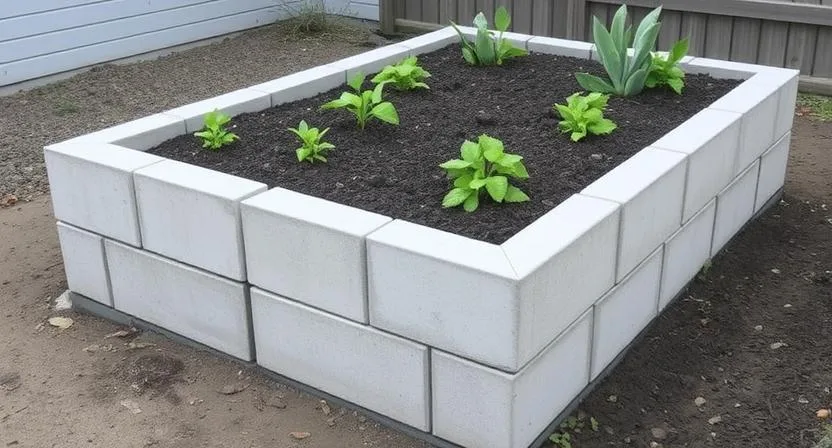 Ein robustes und langlebiges Hochbeet aus Betonblöcken oder gegossenem Beton, das seine Stabilität und Langlebigkeit hervorhebt.