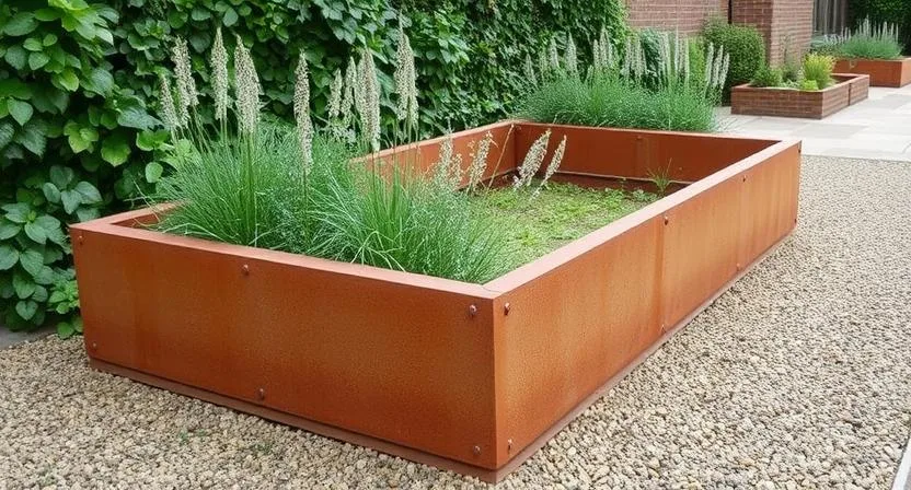 Ein stilvolles Hochbeet aus Cortenstahl mit einer charakteristischen Rostpatina in einem modernen Garten. Zeigt natürliche Ästhetik und Robustheit.