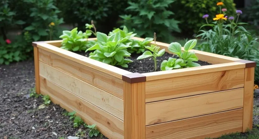 Ein gepflegtes Hochbeet aus Holz in einer üppigen Gartenszene, mit gesunden Pflanzen, die darin wachsen. Hebt die natürliche Ästhetik von Holz hervor.
