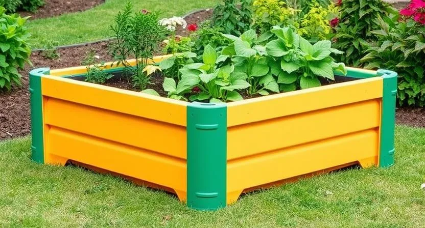 Ein leichtes und farbenfrohes Hochbeet aus recyceltem Kunststoff, das seine einfache Handhabung und sein modernes Design betont.
