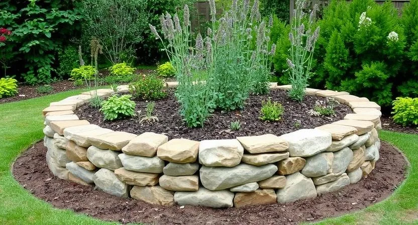 Ein rustikales und charmantes Hochbeet aus natürlichen Feldsteinen oder roten Ziegeln, das sich harmonisch in eine traditionelle Gartenlandschaft einfügt.