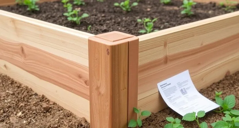  Nahaufnahme der Ecke eines stabilen und gut konstruierten Hochbeets, die robuste Verbindungen oder stabile Verschraubungen zeigt. 