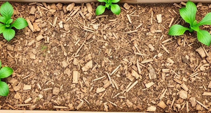 Eine Schicht organischen Mulchs (Stroh, Holzhäcksel oder Kompost) wird gleichmäßig über die Bodenoberfläche eines bepflanzten Hochbeets verteilt. Sie zeigt die Vorteile der Unkrautunterdrückung und Feuchtigkeitsspeicherung.
