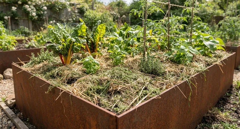 Eine drei bis fünf Zentimeter dicke Schicht aus Stroh und angewelktem Rasenschnitt bedeckt die Erde zwischen Gemüsepflanzen in einem Hochbeet