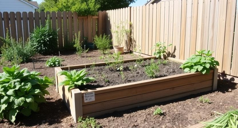 abstand-von-hochbeeten-zum-nachbargrundstueck - Ein gepflegter Garten mit einem strategisch platzierten Hochbeet nahe der Grundstücksgrenze, mit ausreichendem Abstand zum Nachbarzaun. Veranschaulichung guter nachbarschaftlicher Gartenpraktiken, sonniger T