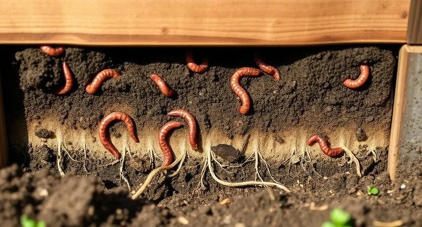 Nahaufnahme der Unterseite eines Hochbeets mit offenem Boden: Regenwürmer in der Erde und Pflanzenwurzeln, die nach unten in den gewachsenen Boden reichen.