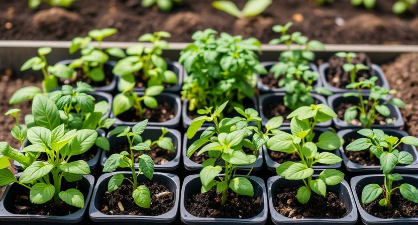 Eine Vielzahl junger Gemüse- und Kräutersetzlinge in Töpfen oder Schalen, bereit, in ein erhöhtes Gartenbeet gepflanzt zu werden. Sie repräsentieren den Auswahlprozess für die Bepflanzung.