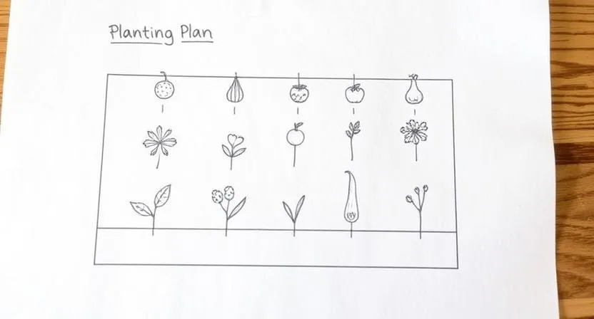 Eine Hand zeichnet einen Pflanzplan für ein Hochbeet auf ein Stück Papier, mit verschiedenen Gemüse-Symbolen oder -Namen, die in den vorgesehenen Bereichen skizziert sind.