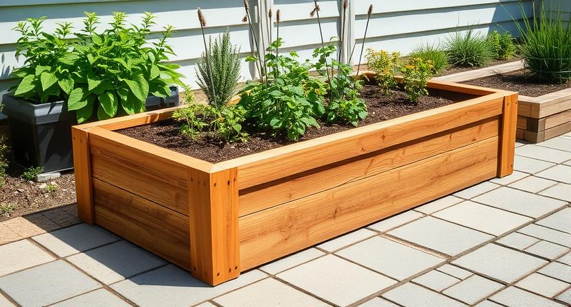 kann-ich-das-hochbeet-auch-auf-pflastersteine-stellen - Ein stabil gebautes Hochbeet steht auf einer ebenen Terrasse aus Pflastersteinen. Gesunde Pflanzen wachsen im Beet. Sonnige Outdoor-Umgebung.