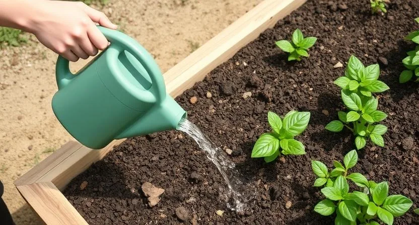 Hände, die ein erhöhtes Gartenbeet mit einer Gießkanne oder einem Schlauch gießen, oder ein mulchbedecktes Gartenbeet mit gesunden Pflanzen. Zeigt essentielle Pflegepraktiken.