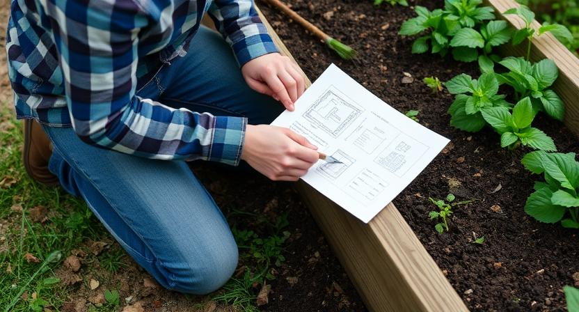 Eine Person, die neben einem erhöhten Gartenbeet kniet, einen Pflanzplan auf Papier betrachtet und eine kleine Kelle hält, was auf eine sorgfältige Vorbereitung vor dem Pflanzen hinweist.