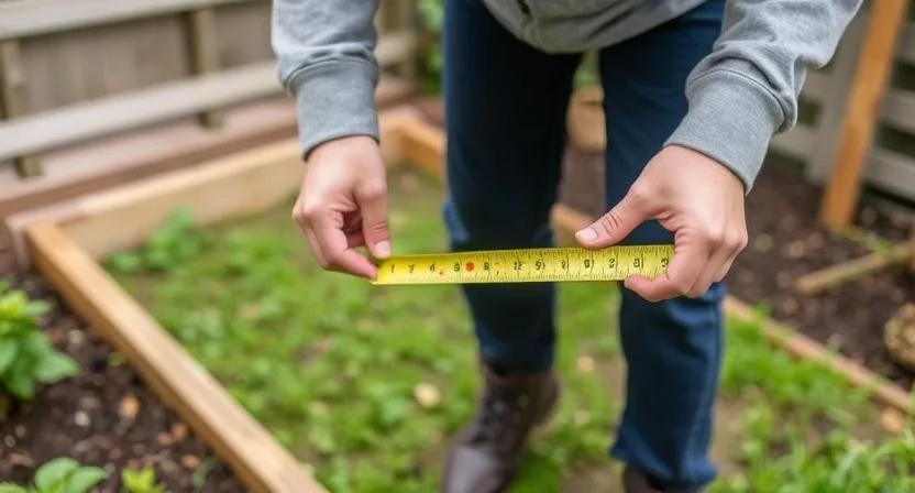 Eine Person nutzt ein Maßband, um die Abmessungen eines potenziellen Bereichs im Garten für ein Hochbeet zu vermessen. Sicherstellung ausreichenden Platzes für die Struktur und den Zugang.