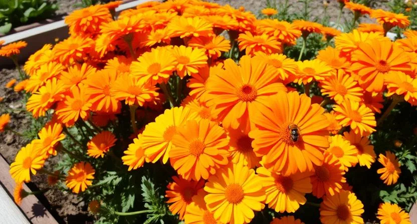 Leuchtend orange und gelbe Ringelblumen (Calendula officinalis) blühen üppig in einem Hochbeet, mit einer Biene auf einer der Blüten. Sie ziehen Bestäuber an an einem sonnigen Tag.