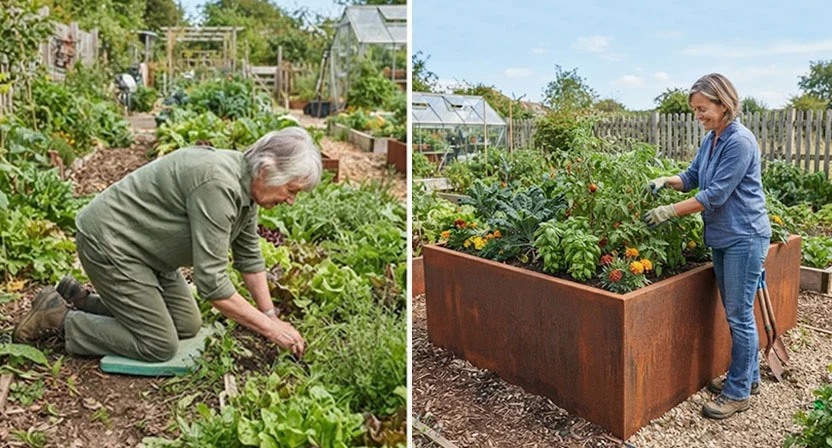 Ein direkter Vergleich nebeneinander: Links ein traditionelles Gartenbeet mit einer Person, die zum Jäten kniet – rechts ein Hochbeet aus Cortenstahl, bei dem eine Person bequem im Stehen außerhalb des Beetes die Pflanzen pflegt. Verdeutlicht die ergonomischen Vorteile eines Hochbeets.