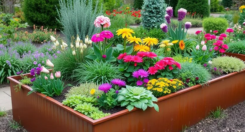 Ein Hochbeet aus Cortenstahl, das Pflanzen zeigt, die das ganze Jahr über Interesse bieten: Frühlingszwiebeln, die hervorkommen, Sommerblumen in voller Blüte und möglicherweise Herbstastern oder Sedum, die später noch Farbe hinzufügen.