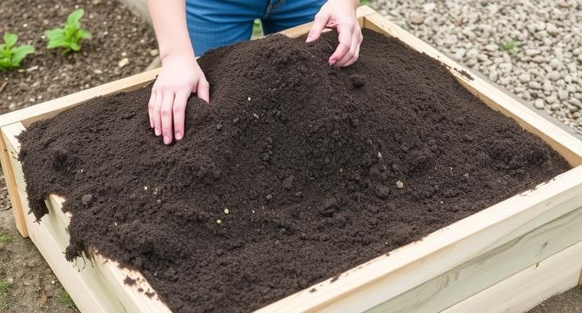 Die oberste Schicht aus hochwertiger Gartenerde oder Blumenerde wird in ein Hochbeet eingefüllt, um eine glatte Oberfläche zu schaffen, die bereit für das Pflanzen ist. Diese Endschicht bietet den Wurzeln der Pflanzen einen optimalen Halt.