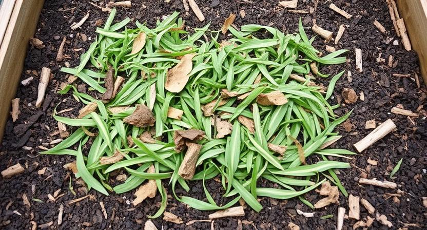  Eine Schicht aus Grasschnitt, Blättern oder kleineren Pflanzenteilen wird über die grobe Holzschicht in einem Hochbeet verteilt. Diese Zwischenschicht dient der Feuchtigkeitsspeicherung und der ersten Zersetzung.
