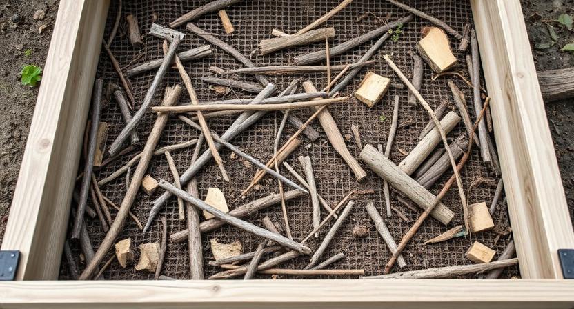 Eine Schicht aus groben Ästen, Zweigen und möglicherweise dickeren Holzschnittresten wird am unteren Rand eines Hochbeets über dem Nagerschutzgitter verlegt. Diese Fundament-Schicht dient der Drainage und Belüftung.