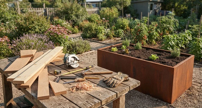 Auf einer Werkbank liegen Holzbretter und Werkzeug neben einem fertigen Cortenstahl-Hochbeet, das im Hintergrund im Garten steht
