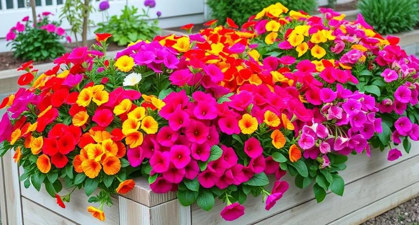 Ein Hochbeet, üppig gefüllt mit leuchtenden Sommerblumen wie Petunien, Begonien und Calibrachoa, die über die Ränder hängen und durchgehend für Farbe sorgen.