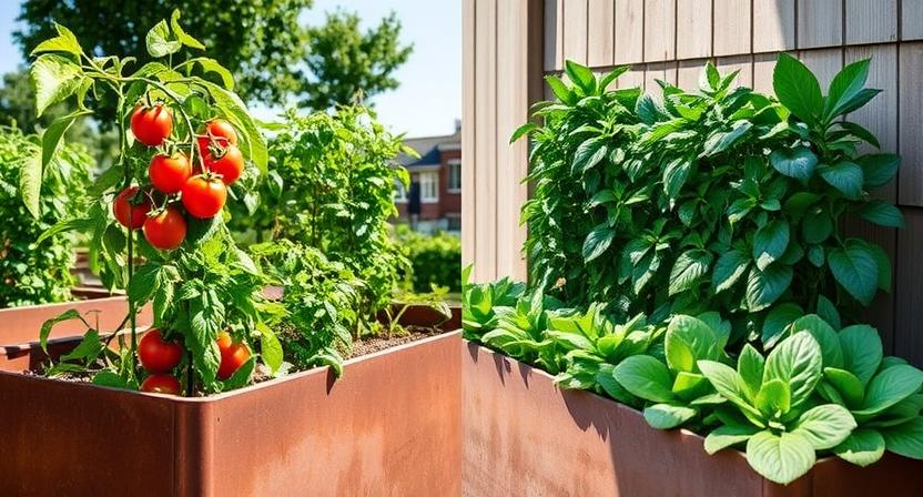 soll-ein-hochbeet-in-der-sonne-stehen - Ein geteiltes Bild, das zwei Hochbeete zeigt: Eines, das in voller Sonneneinstrahlung liegt, mit gedeihenden Tomaten- und Paprikapflanzen, und das andere im Halbschatten, mit Blattgemüse wie Salat und Spinat. Es ver