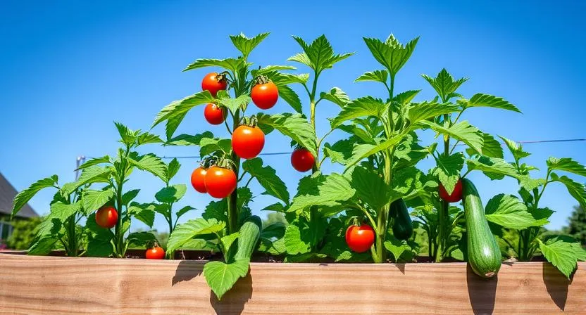 Ein Hochbeet, das in voller Sonneneinstrahlung positioniert ist, mit lebendigen und gesunden Tomaten-, Paprika- und Zucchinipflanzen. Der Hintergrund zeigt einen klaren blauen Himmel.
