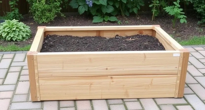 Ein stabiles Holzhochbeet, das fest und waagerecht auf einer gepflasterten Fläche aus Pflastersteinen steht. Gewährleistet Stabilität ohne Wackeln oder Kippen.
