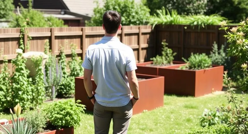 Eine Person steht in einem Garten und blickt auf eine sonnige Stelle, an der sie ein Hochbeet platzieren möchte. Berücksichtigung von Sonnenlicht und Zugänglichkeit.