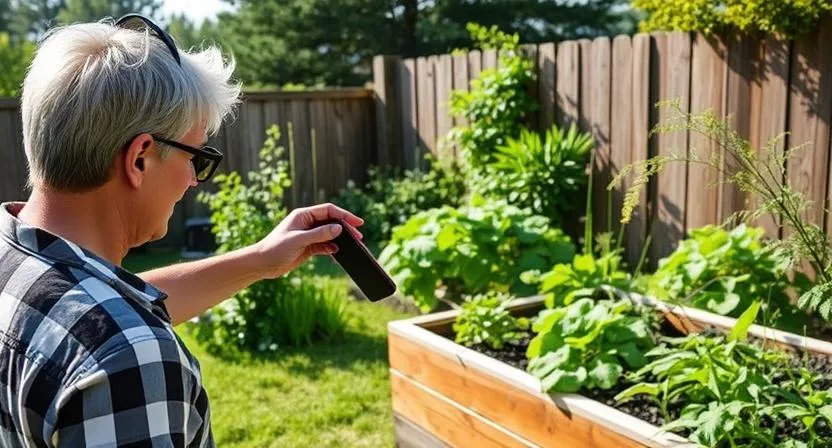 Eine Person untersucht einen sonnigen Platz in ihrem Garten, möglicherweise mit einem Kompass oder indem sie die Sonnenrichtung notiert. Planung des Standorts für ein hohes Hochbeet.