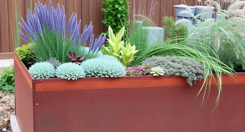 Ein Hochbeet aus Cortenstahl, bepflanzt mit einer Vielzahl an Stauden wie Lavendel, Sedum, Hosta und Ziergräsern, die unterschiedliche Blattstrukturen und Blüten zur Schau stellen.