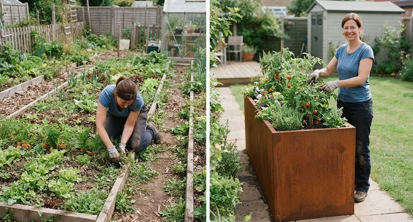 Ein nebeneinander gestellter Vergleich zeigt ein traditionelles Gartenbeet, bei dem eine Person knieend Unkraut jätet, im Gegensatz zu einem Hochbeet aus Cortenstahl, bei dem eine Person bequem stehend die Pflanzen pflegt. Dies veranschaulicht die ergonomischen Vorteile.