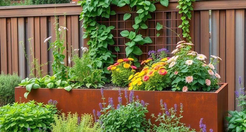 pflanzkombinationen-fuer-hochbeete - Ein Hochbeet aus Cortenstahl mit hohen Kletterpflanzen wie Clematis oder Kletter-Nasturtiums, die an einem Spalier im Hintergrund wachsen, und niedrigwüchsigen Stauden oder Bodendeckern im Vordergrund, die einen schich