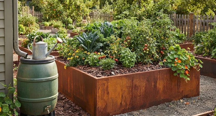 Ein Cortenstahl-Hochbeet mit gemulchter Erde, im Vordergrund eine Regentonne mit Gießkanne, die Bepflanzung wirkt dicht und gesund