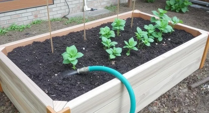 Ein Hochbeet mit einem Gartenschlauch, der das Beet erreicht, um die einfache Bewässerung zu veranschaulichen.