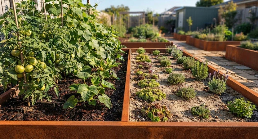 Ein Hochbeet ist in zwei erkennbare Bereiche gegliedert, links durstige Starkzehrer wie Tomaten und Gurken, rechts genügsame Kulturen mit trockenerer Erde