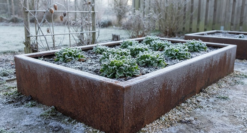 Ein rechteckiges Hochbeet aus rostbraunem Cortenstahl steht mit Raureif überzogen in einem winterlichen Garten, in der Füllung stehen niedrige grüne Salatrosetten