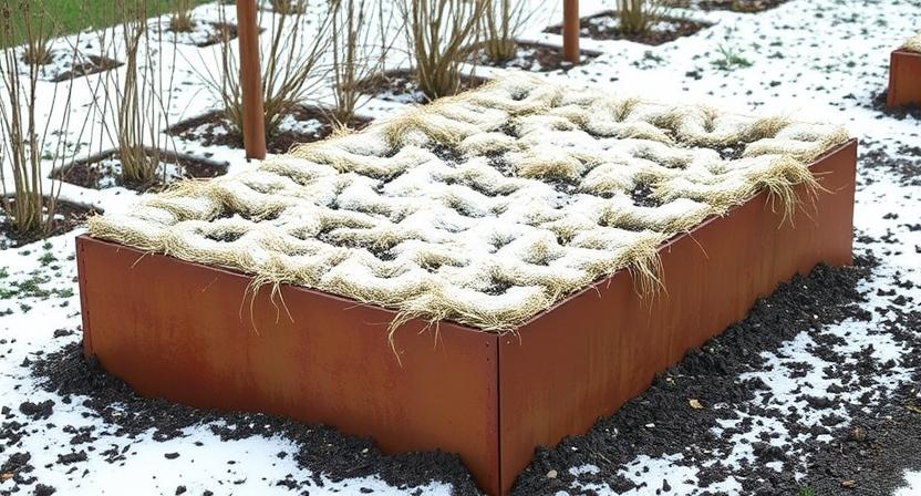Ein erhöhtes Gartenbeet aus Cortenstahl im Winter, bedeckt mit einer schützenden Schicht aus Mulch oder Stroh, möglicherweise mit einer leichten Schneedecke, das für die kalte Jahreszeit vorbereitet ist.