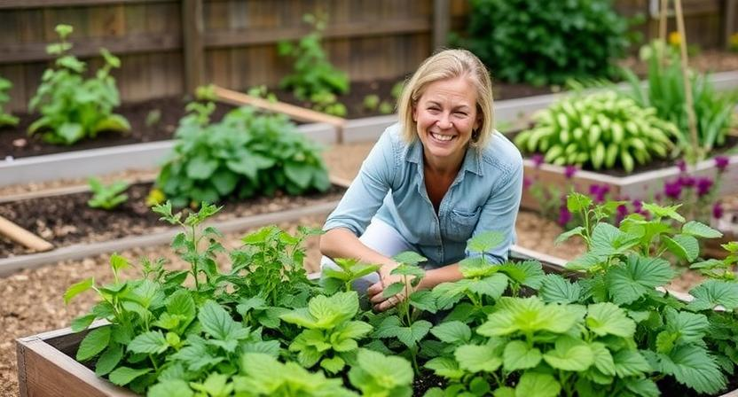 Eine lächelnde Person, die bequem ein lebendiges Hochbeet mit gesunden Pflanzen pflegt – zeigt die Freude und Benutzerfreundlichkeit des Gärtnerns mit einem Hochbeet.