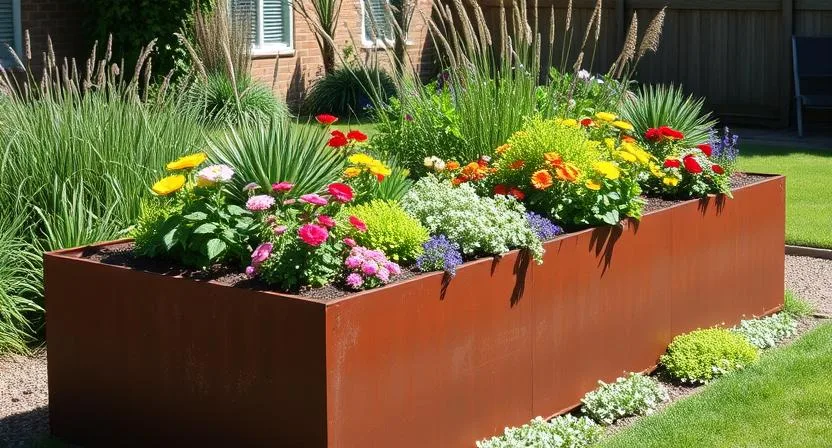 Ein hoch erhöhtes Hochbeet aus Cortenstahl, üppig bepflanzt mit einer Mischung aus farbenfrohen Zierblumen, Stauden und Gräsern – ein lebendiges Arrangement in sonniger Gartenkulisse.