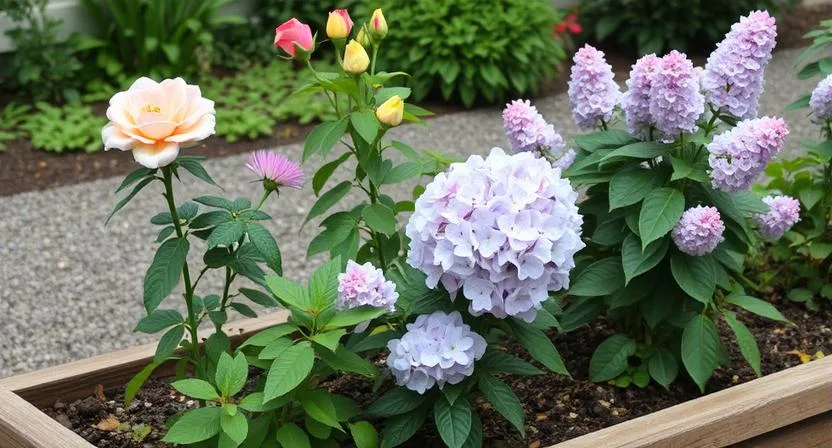 Kompakte oder zwergwüchsige Blütensträucher wie eine Patio-Rose, eine kleine Hortensie oder ein Zwergflieder blühen in einem Hochbeet und sorgen für Höhe und eine eindrucksvolle Blütenpracht.