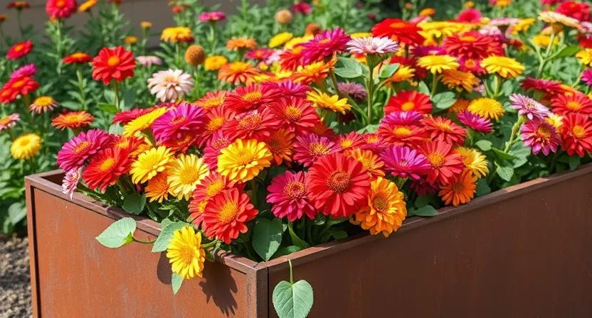 Ein Hochbeet aus Cortenstahl, gefüllt mit einer bunten Vielfalt an Zinnien in verschiedenen Formen und Größen, wie Dahlienblüten- oder Kaktusblüten-Sorten. Helle und fröhliche Ausstrahlung.