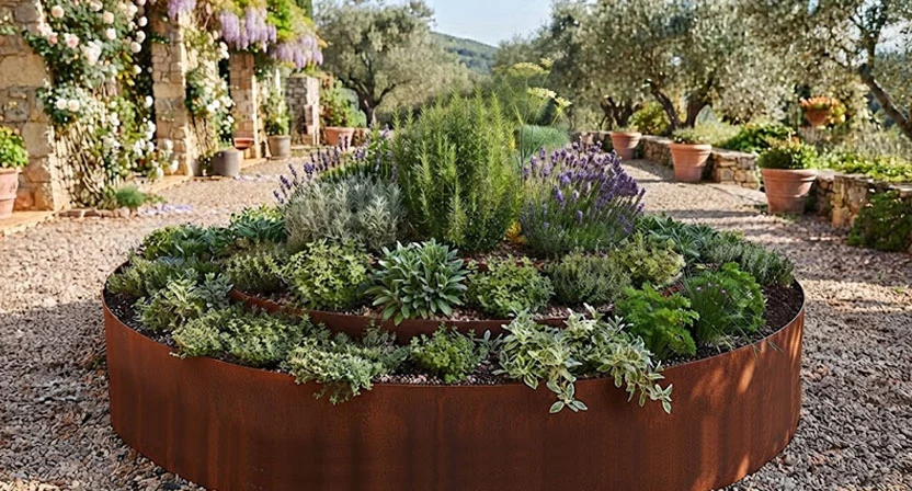 Rundes Cortenstahl-Hochbeet als Kräuterbeet, in der Mitte hohe mediterrane Kräuter, außen niedrigere