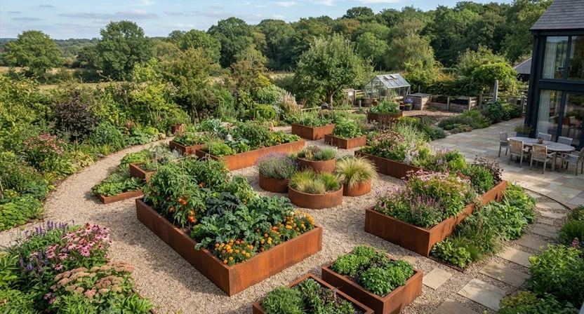 Blick von erhöhtem Standpunkt auf einen Garten mit mehreren Cortenstahl-Hochbeeten in verschiedenen Formen