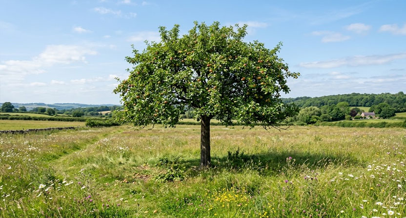 Ein einzelner Hochstamm-Obstbaum mit hohem, freiem Stammansatz und weit ausladender Krone steht frei auf einer Wiesenfläche