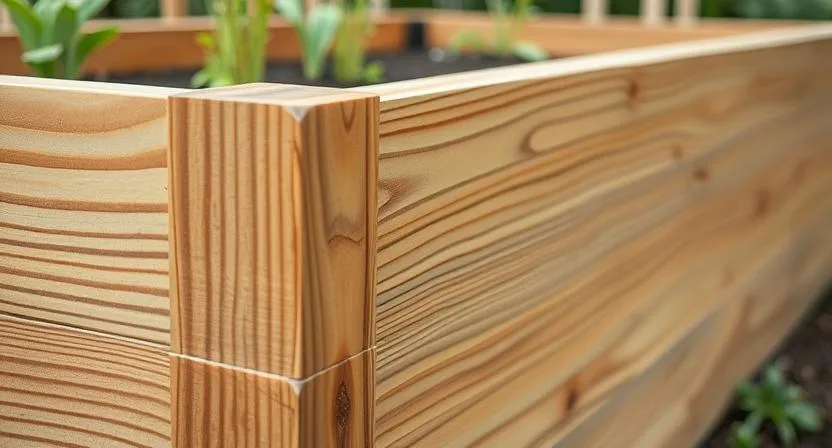 Eine Nahaufnahme der Holzmaserung und Textur eines hochwertig gefertigten Holzhochbeets. Der Fokus liegt auf den natürlichen Mustern und der robusten Konstruktion.