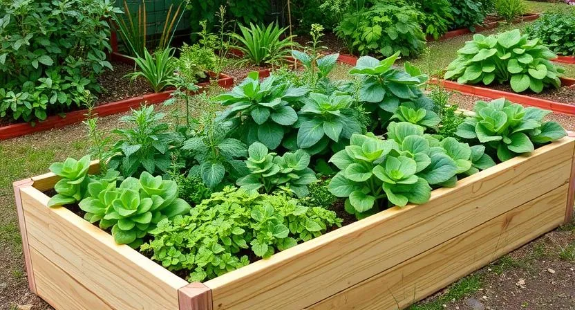 Ein klassisches rechteckiges Hochbeet aus Holz, gefüllt mit verschiedenen grünen Pflanzen in einer Gartenumgebung. Natürliches Licht, mittlere Aufnahme.