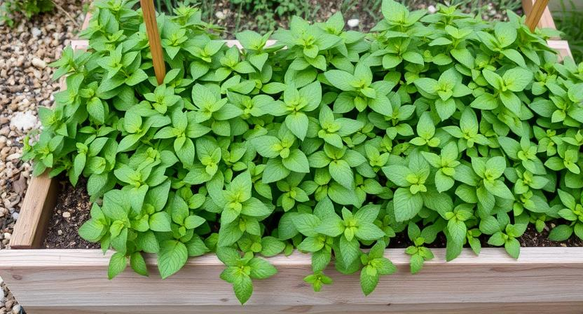 Minzpflanzen breiten sich aggressiv in einem Gartenbeet aus, überwuchern den Bereich und verdrängen möglicherweise andere Pflanzen. Veranschaulicht das Risiko, invasive Pflanzen in einem begrenzten Raum wie einem Hochbeet anzubauen.