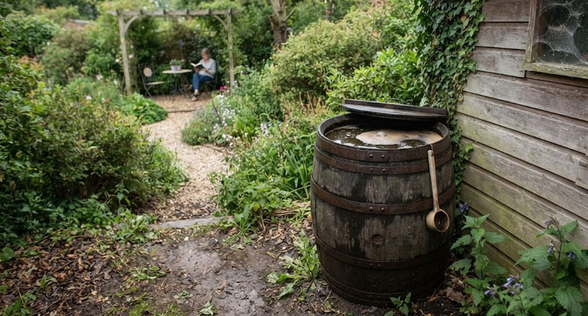 Eine Holztonne mit angesetzter Pflanzenjauche steht abseits hinter einem Gartenhaus, mit deutlichem Abstand zu einer Sitzecke im Hintergrund